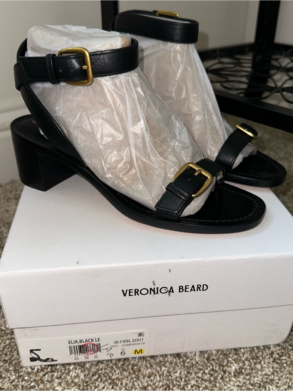 Veronica Beard Black Leather Gold-Buckle Block Heel Sandals Sz 6